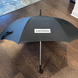 Black push button release Lenovo Computers Geek PC Logo 35” golf large umbrella